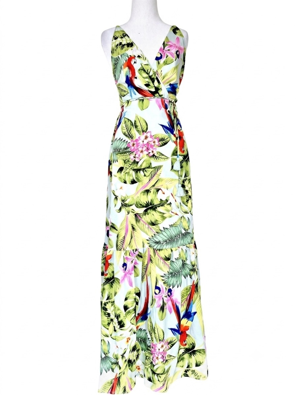 Aakaa Tropical Floral Maxi Dress in Light Blue with Green, Pink and Red Accents